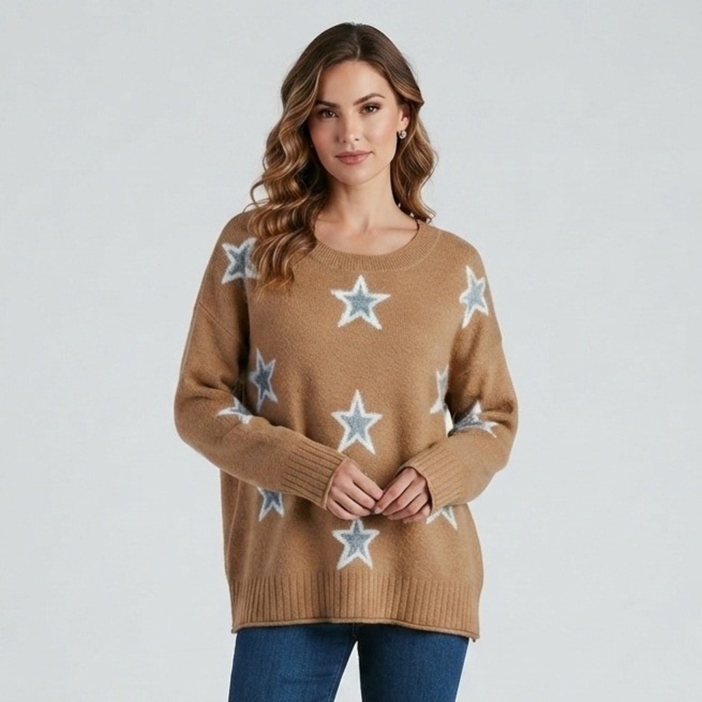 EVRI Womens Plus Size 2X Brown Star Metallic Knit Sweater Fall Cottagecore